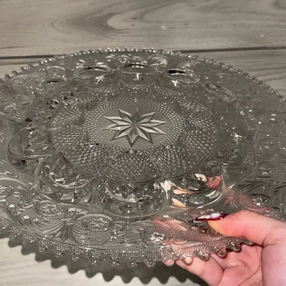 vintage Duncan & Miller clear glass deviled egg server in the 
